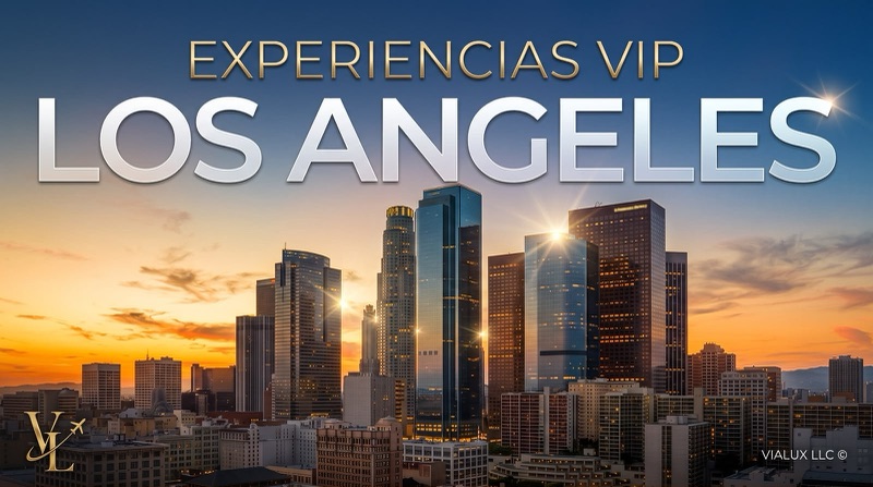 Obra digital «Los Ángeles»: rascacielos del centro de Los Ángeles al atardecer bajo el título EXPERIENCIAS VIP LOS ANGELES, con el monograma VL